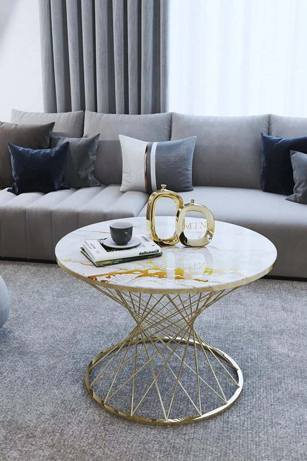 Bergamo Round Coffee Table, Gold Frame & White Glass Top