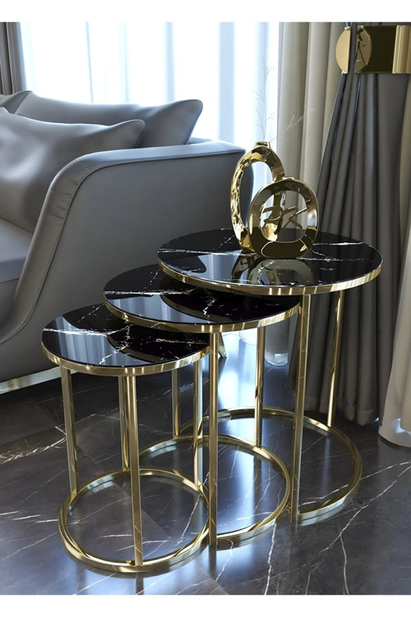 Milano Round Nest Of Tables Set - 3 Pieces Gold Frame Nesting Table