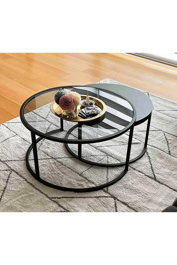 Puca 2 Pieces Round Coffee Table - Black Frame & Glass Top