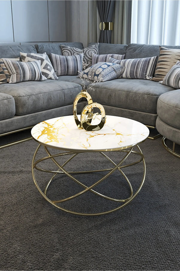 Venus Round Coffee Table - Gold & White Glass Top