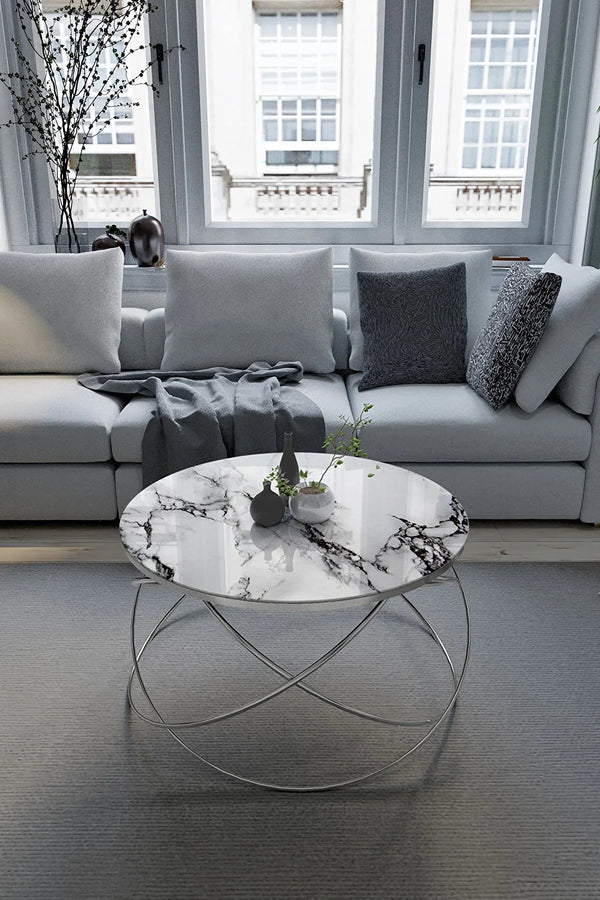 Venus Round Coffee Table - Silver & White Glass Top